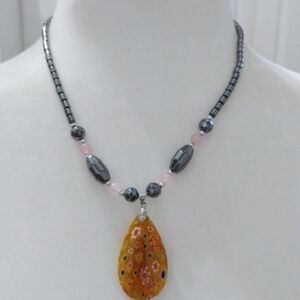 NWT Hematite Rose Quartz Millefiori Glass Pendant Necklace